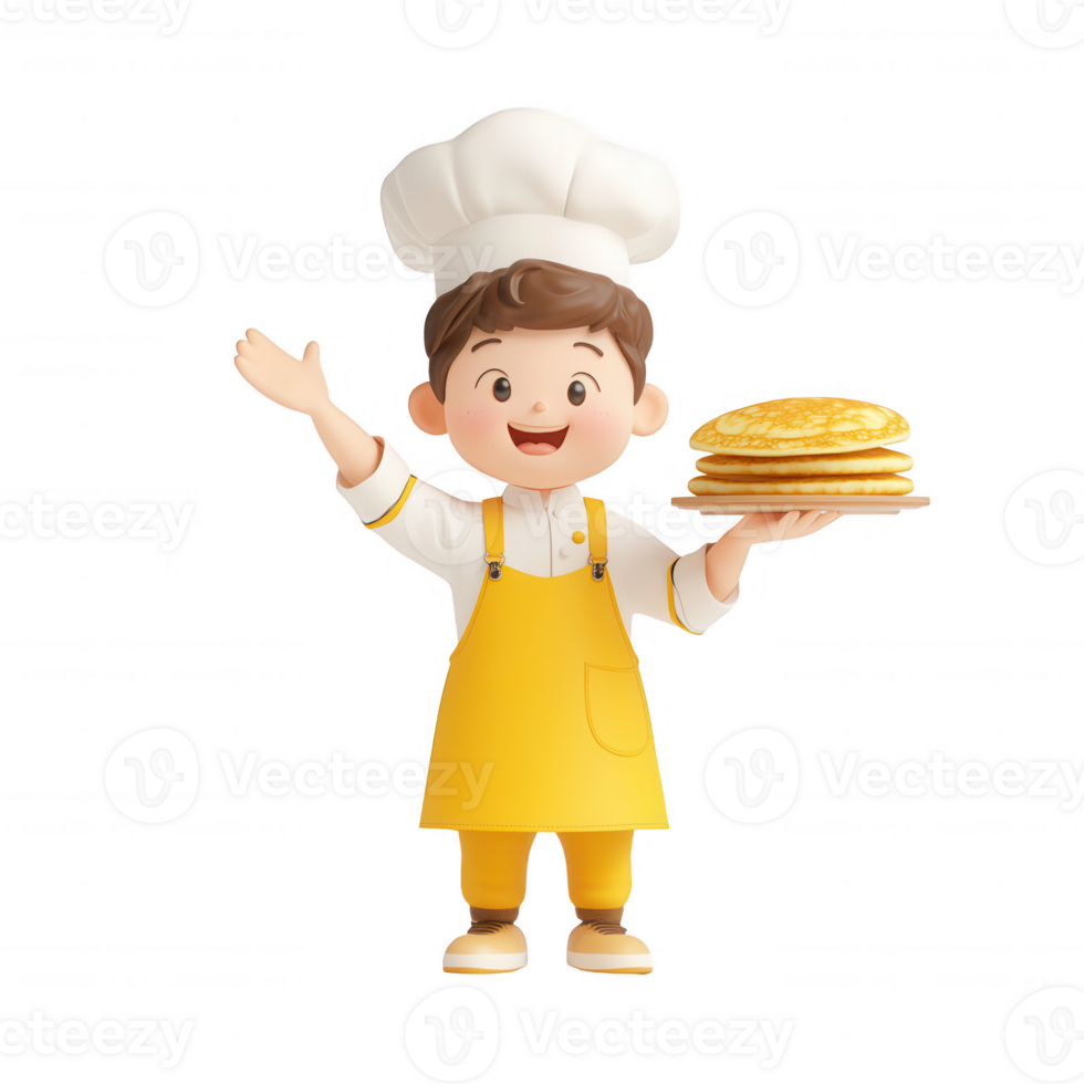 Cheerful young chef presenting a delicious stack of pancakes with joy. png