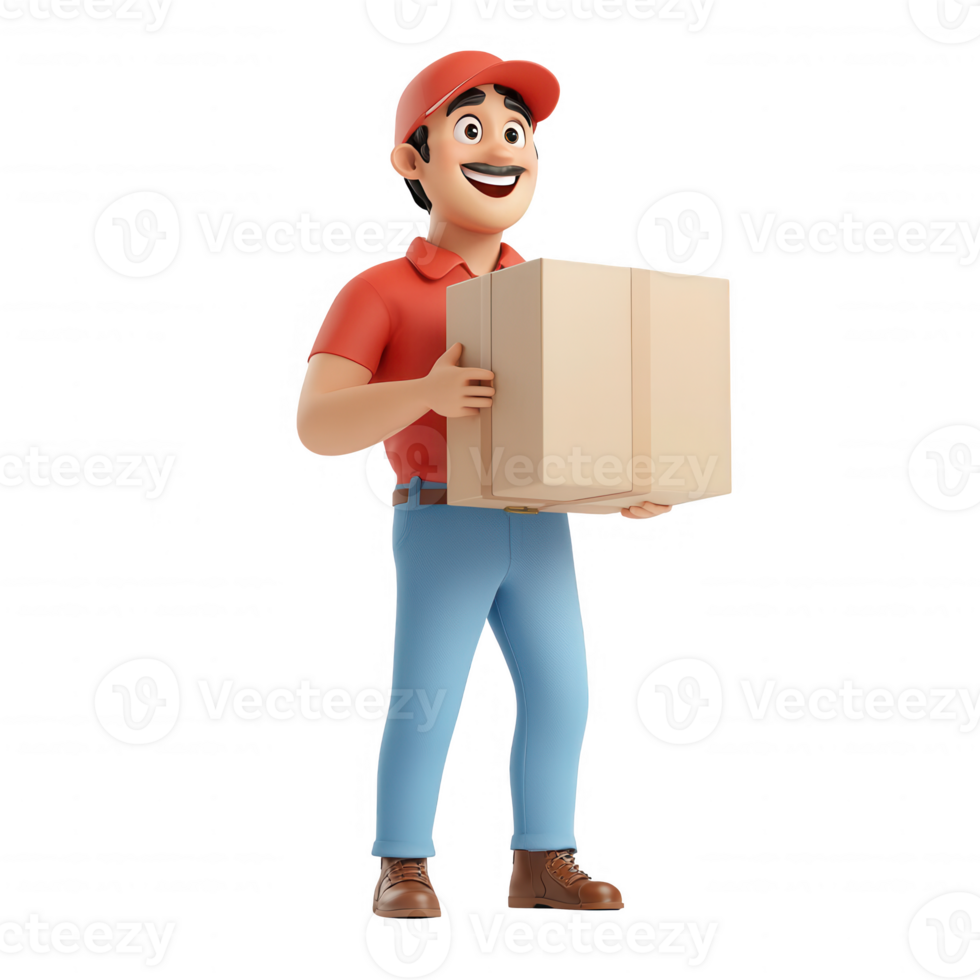 Cheerful delivery man holding a package, ready to deliver your online order. png