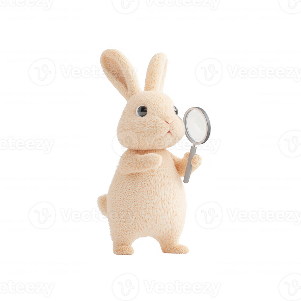 A cute rabbit character holding a magnifying glass, symbolizing curiosity and exploration. png