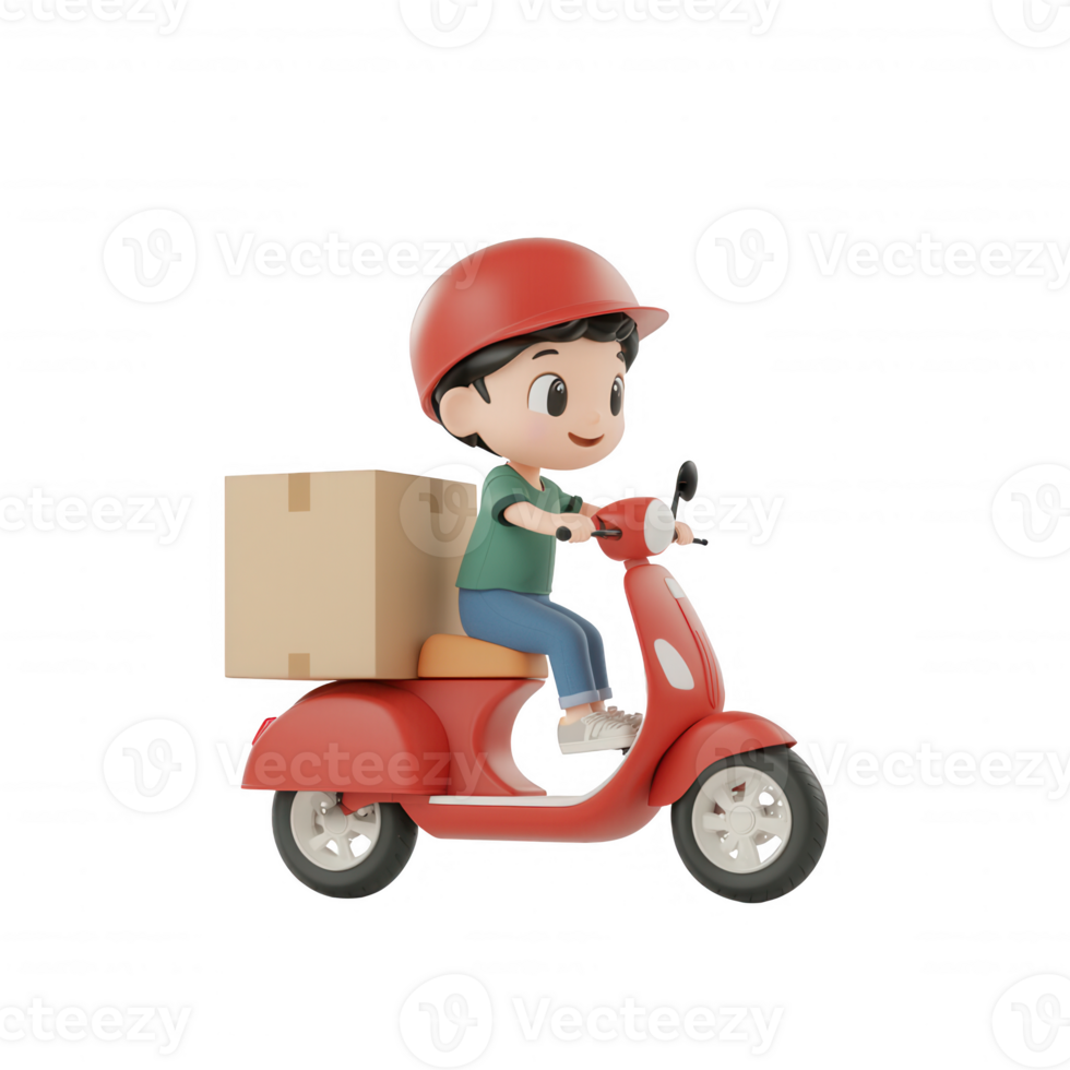 A cheerful delivery boy riding a red scooter with a package, symbolizing fast delivery. png