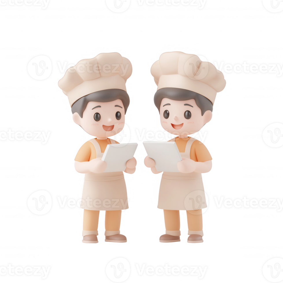 Two cheerful chefs discussing a recipe in a playful cartoon style. png
