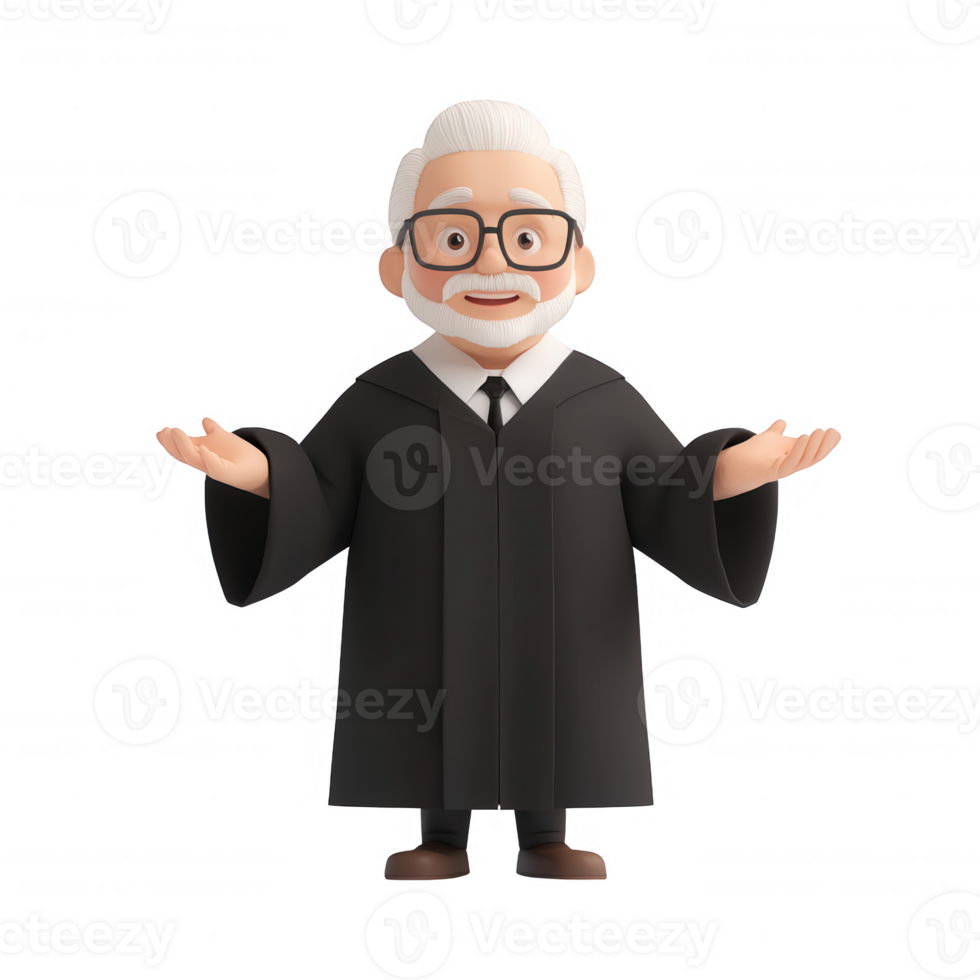 A cheerful judge character with glasses welcoming everyone with open arms. png