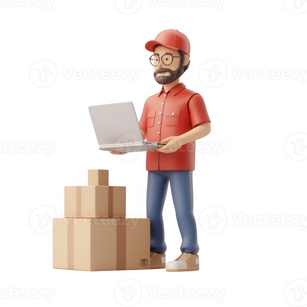 A character managing packages with a laptop, representing modern logistics. png