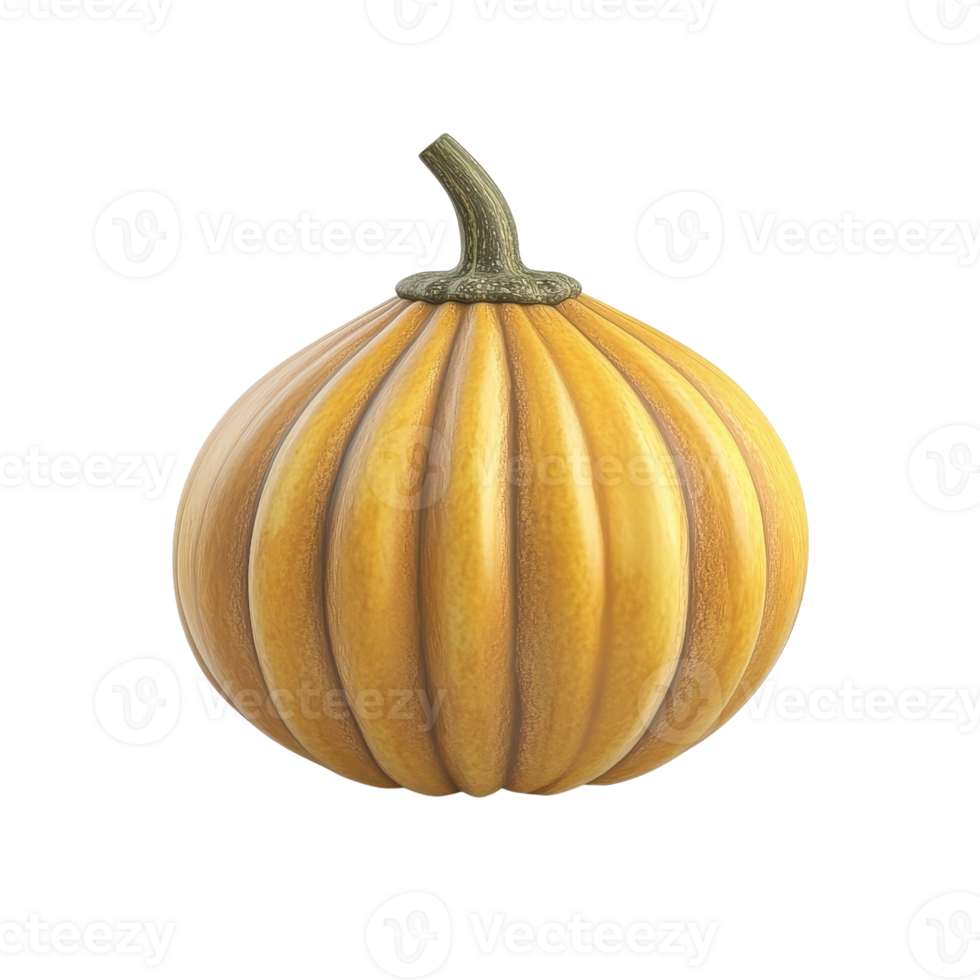 Vibrant yellow pumpkin with distinct ribbed texture and a green stem, perfect for autumn and harvest-themed designs. png
