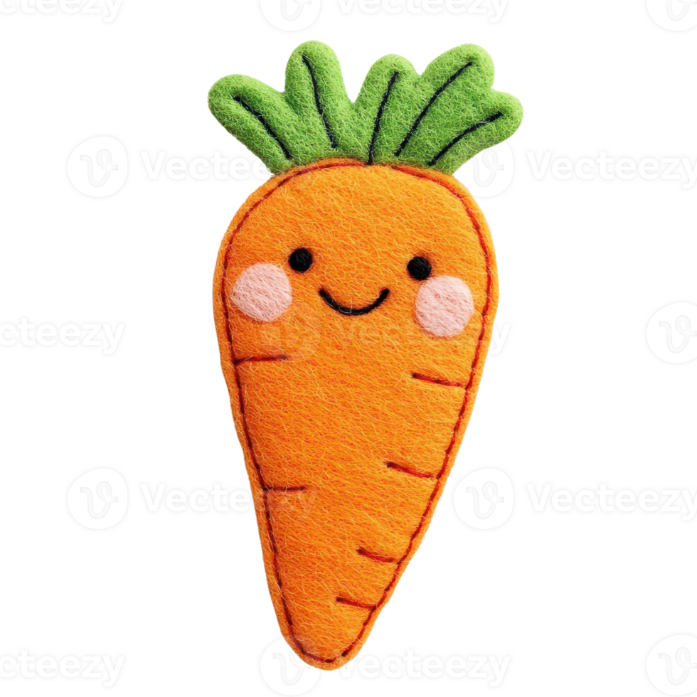 A cute, smiling carrot character made from felt, perfect for children's decor or playful designs. png