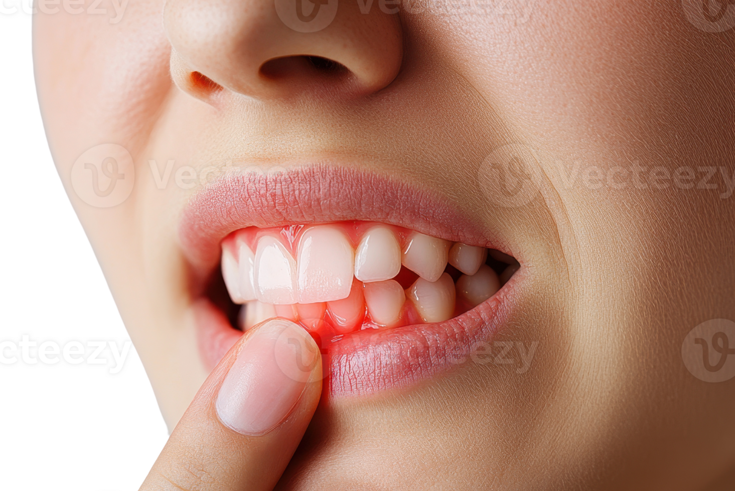A close-up of a person's mouth showing swollen gums, indicating possible dental issues, with a finger pointing at the affected area. png