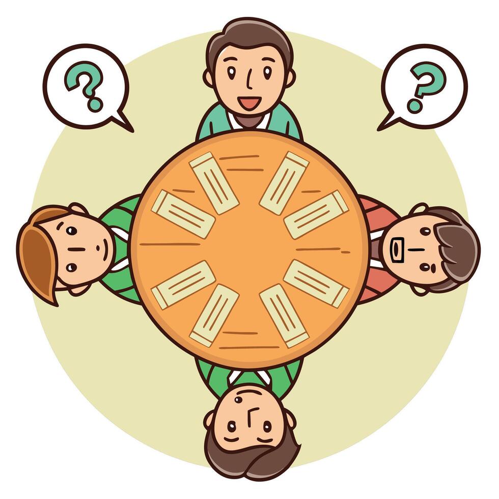 business people sitting around a table with question marks vector