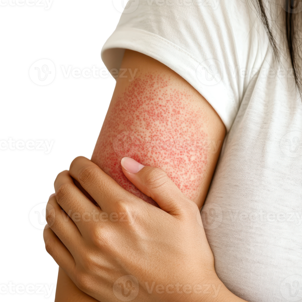 Close-up of a person's arm showing patches of red and dry skin, indicating a skin condition, with the person's hand gently touching the affected area. png