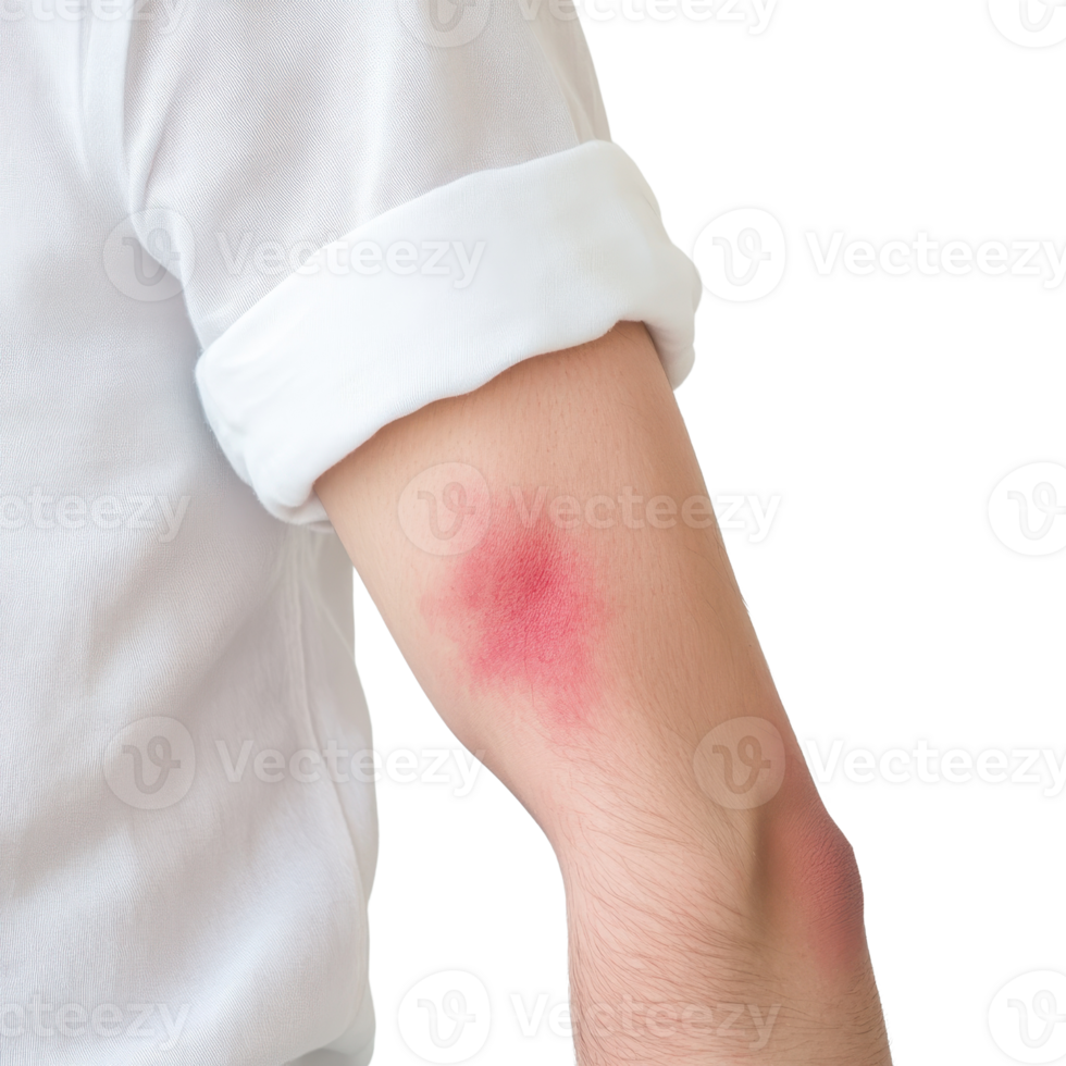 A person's arm showing a red, inflamed area around the elbow, possibly indicating irritation, rash, or allergic reaction. png