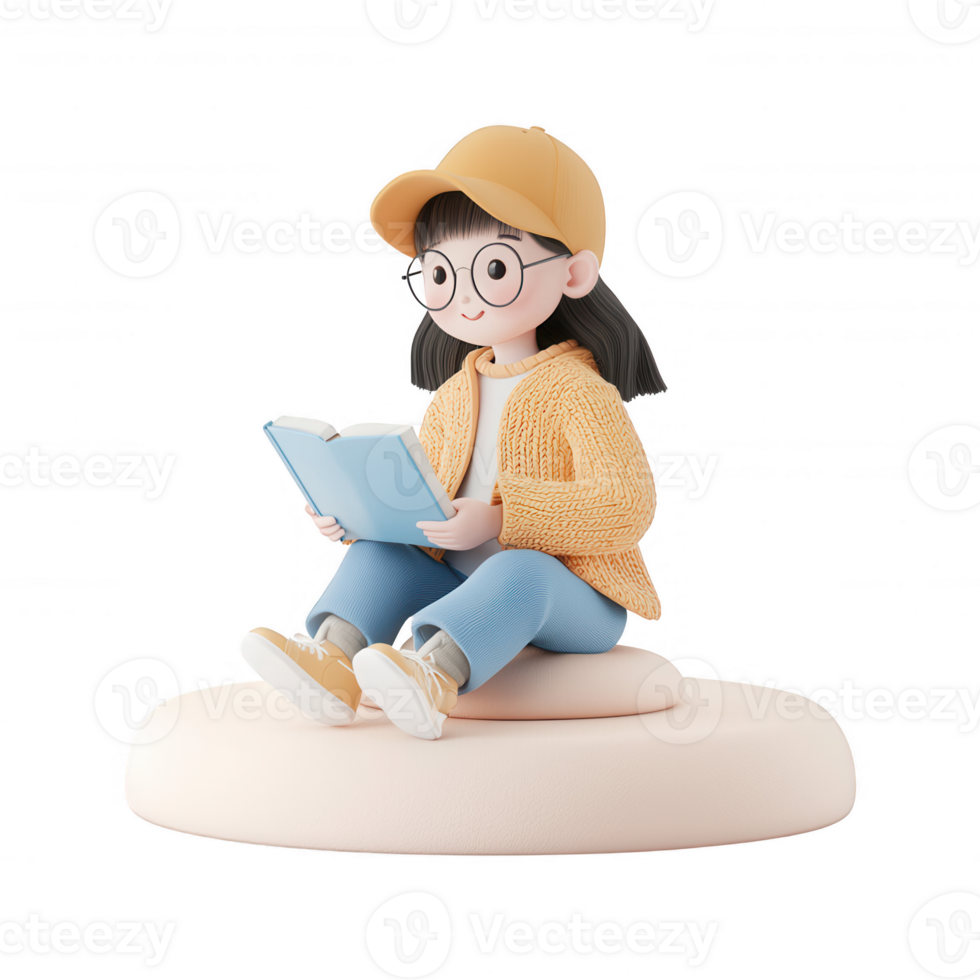 A cheerful character reading a book in a cozy, relaxed setting. png