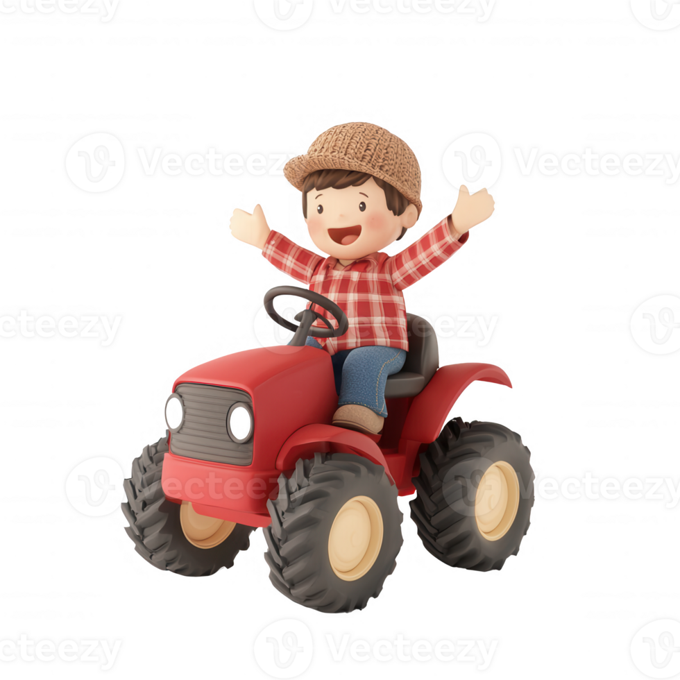 A cheerful boy riding a toy tractor, perfect for playful and whimsical themes. png