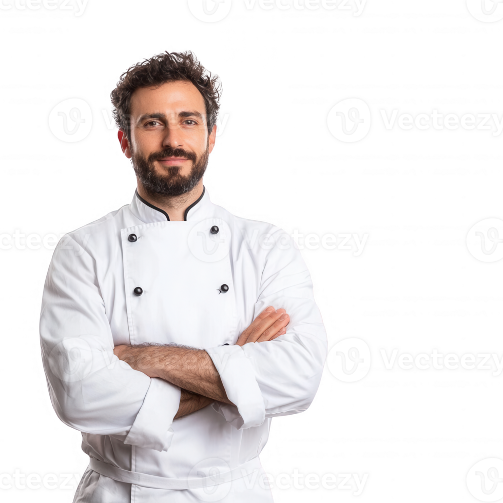 Professional chef posing confidently in a pristine kitchen environment. png