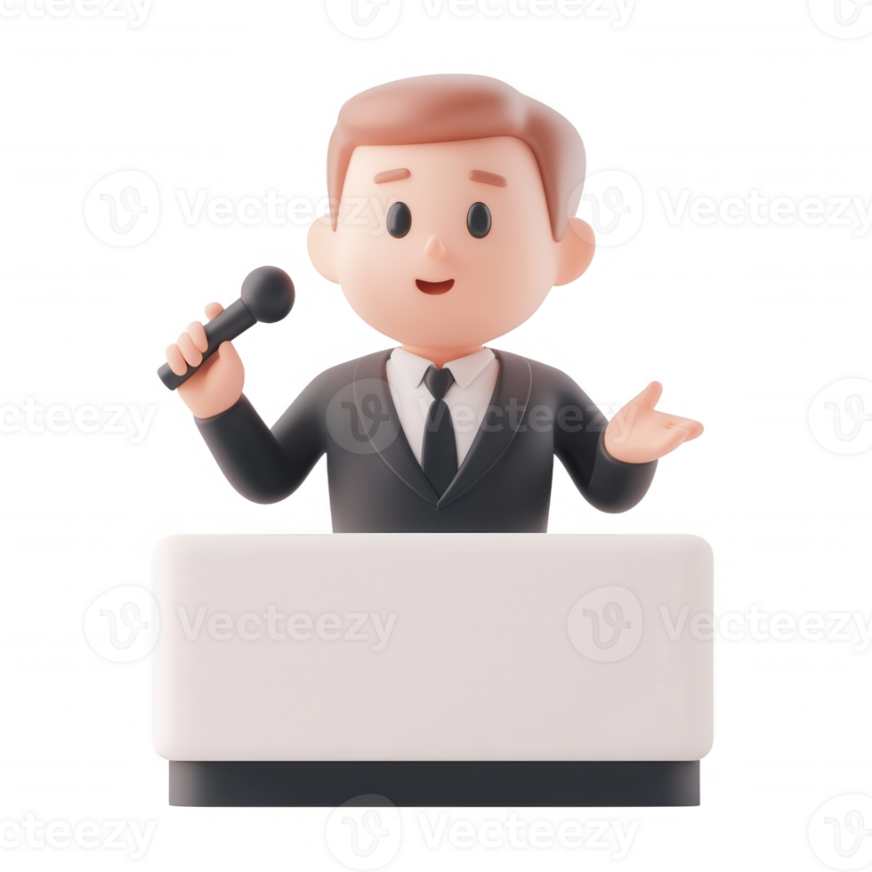 Illustration of a confident presenter giving a speech with a microphone. png