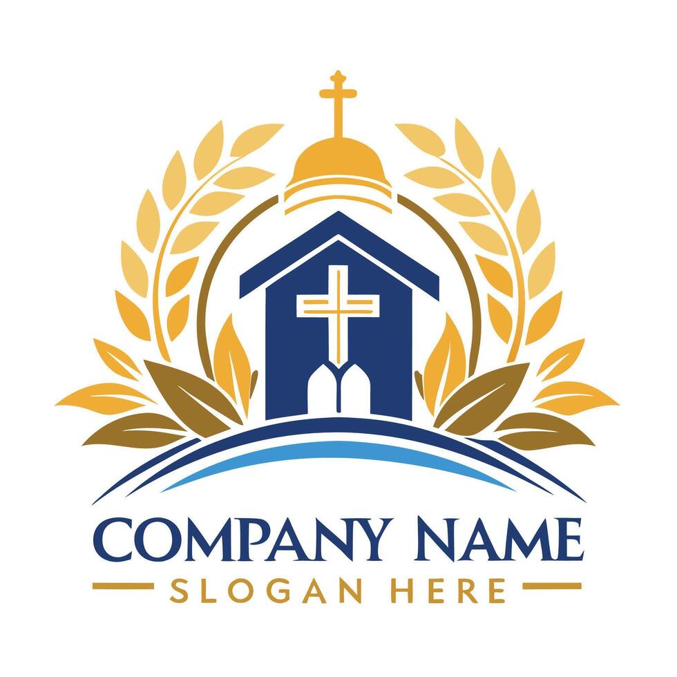 church logo design with cross and laurel leaves vector