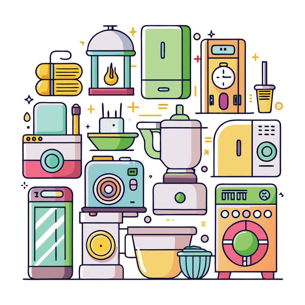 home appliances and kitchen utensils in a flat line style vector