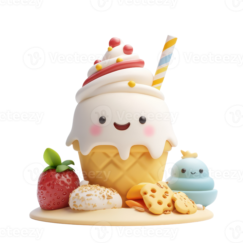 A delightful cartoonish ice cream cone topped with whipped cream, colorful sprinkles, and accompanied by cookies and strawberries. png