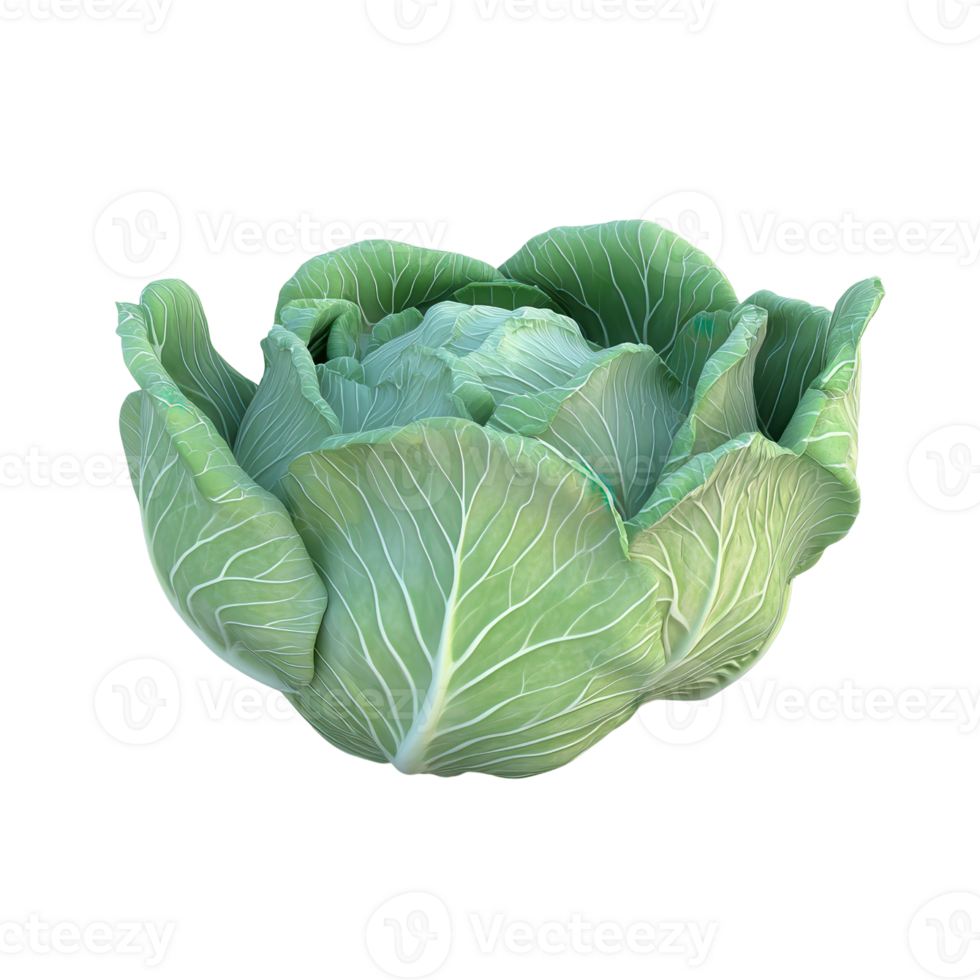 Fresh green cabbage with crisp leaves, ideal for healthy recipes, salads, and garnishes in culinary presentations. png