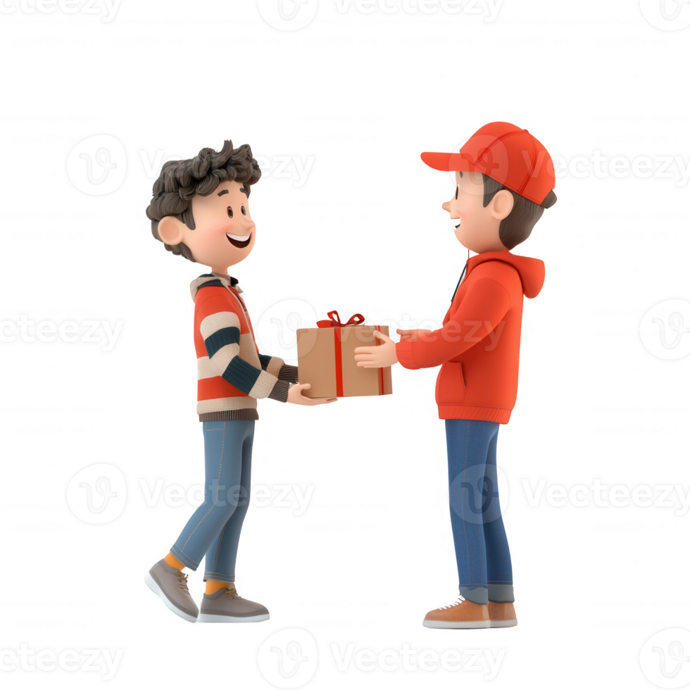Two cheerful boys exchanging a beautifully wrapped gift with smiles. png