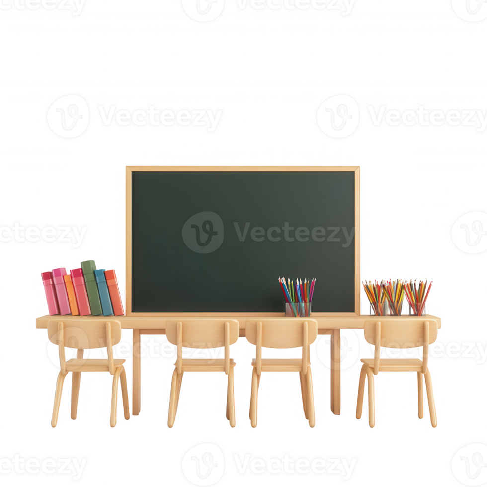 Bright classroom setup with a chalkboard, books, and colorful stationery for learning. png