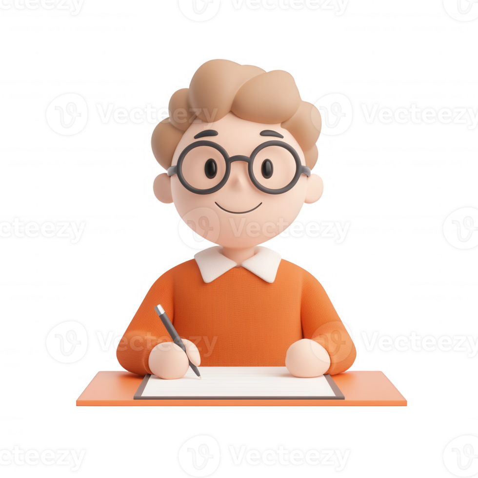 A cheerful cartoon character happily writing on a notepad with a pencil. png