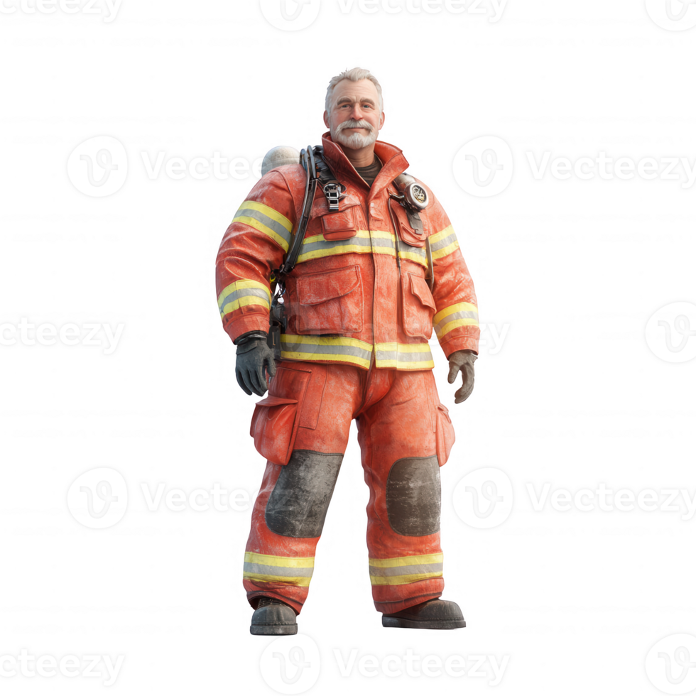 A firefighter in protective gear stands confidently, ready for action. png