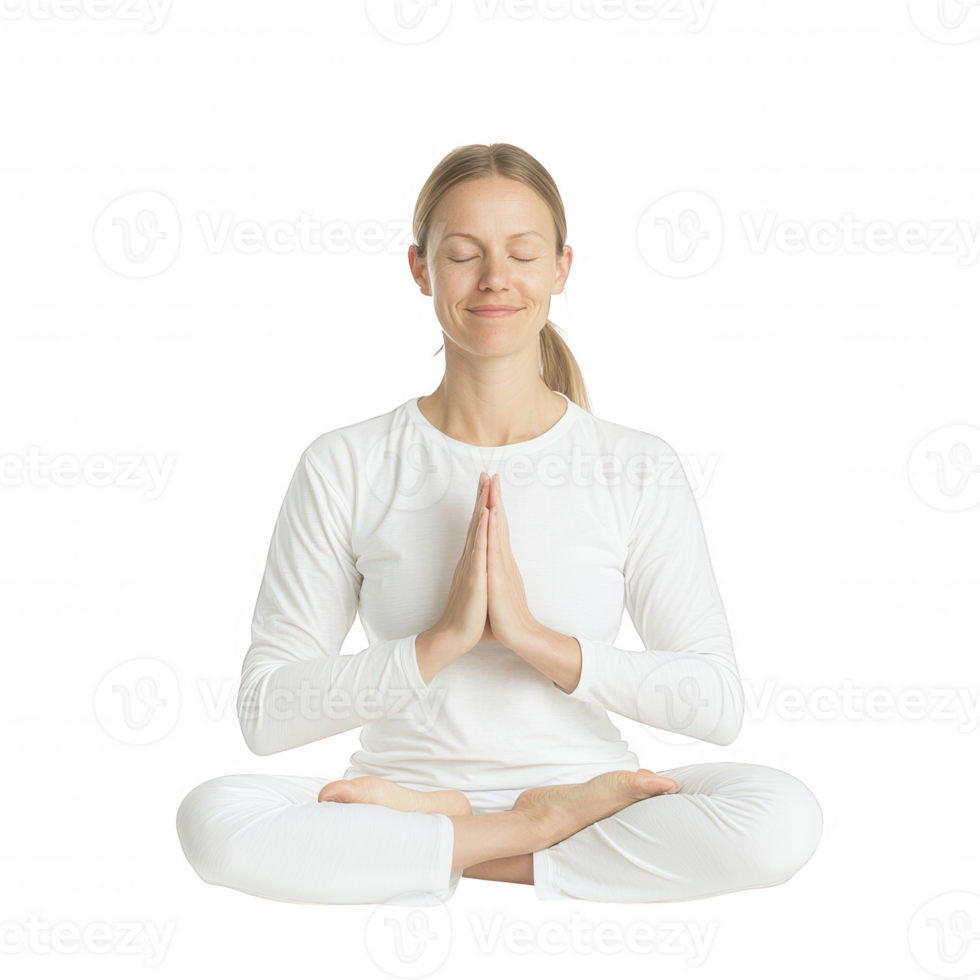 A woman practicing yoga, meditating in a serene and calming environment. png