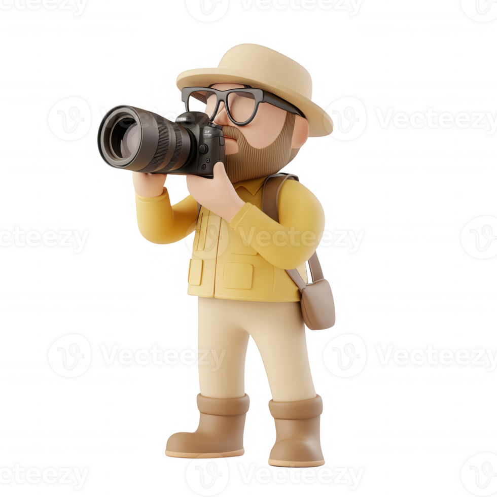 A photographer capturing nature with a camera, wearing a safari hat and vest. png