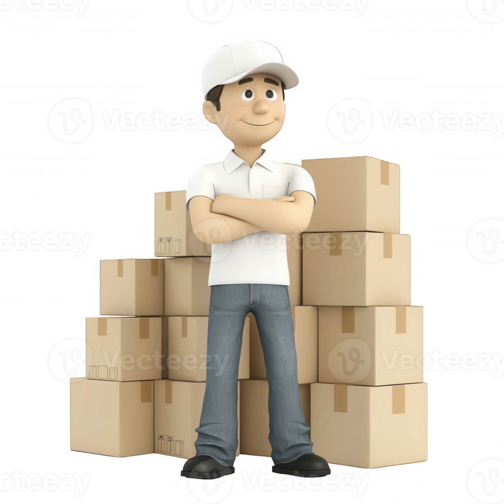 A cheerful delivery worker stands confidently beside stacked boxes. png