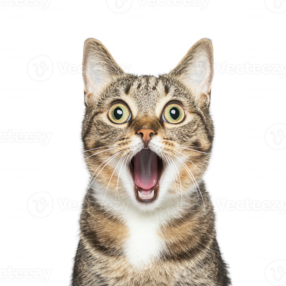Surprised cat with wide eyes and open mouth, capturing a moment of shock or awe. png