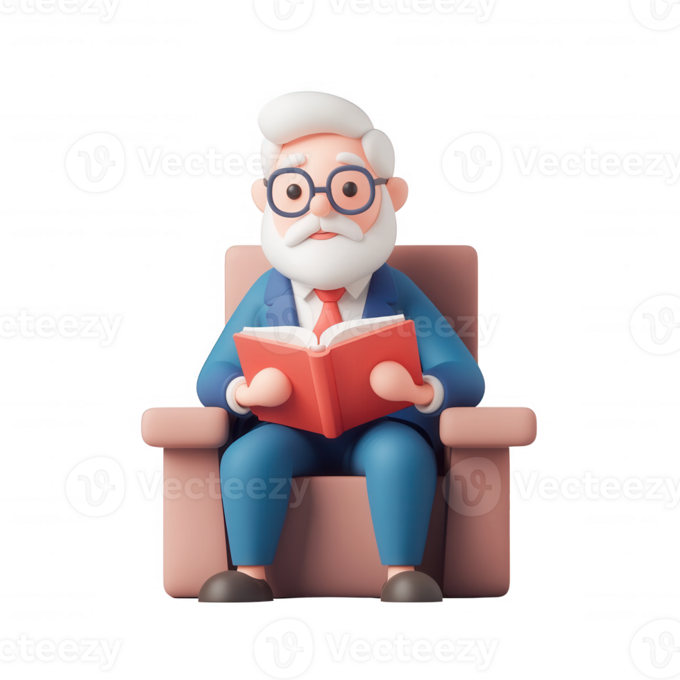 An elderly man with glasses reading a book in a cozy armchair. png