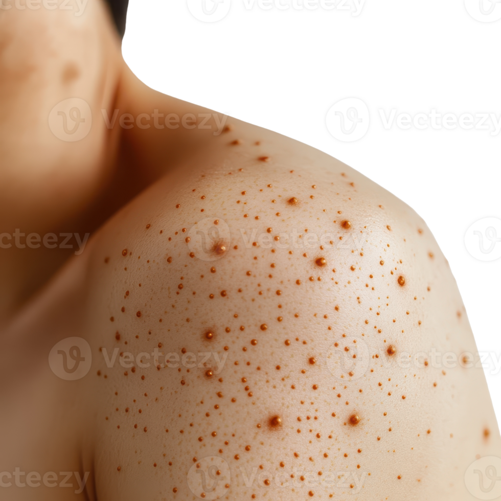 Close-up of shoulder skin showing unique texture with small bumps and spots, highlighting dermatological features and skin health. png