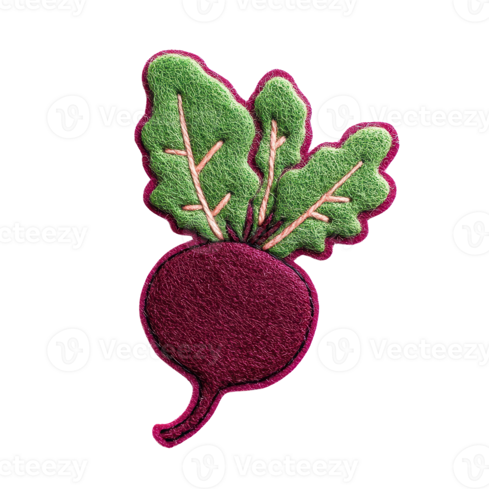 Colorful felt applique of a radish with green leaves, perfect for creative projects and gardening themes. png