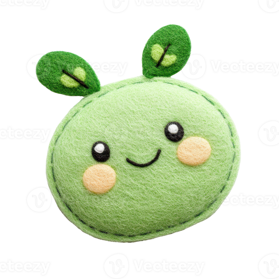 Cute and cheerful plush toy with a smiling face and green leaves, perfect for kids' rooms or playful decor. png