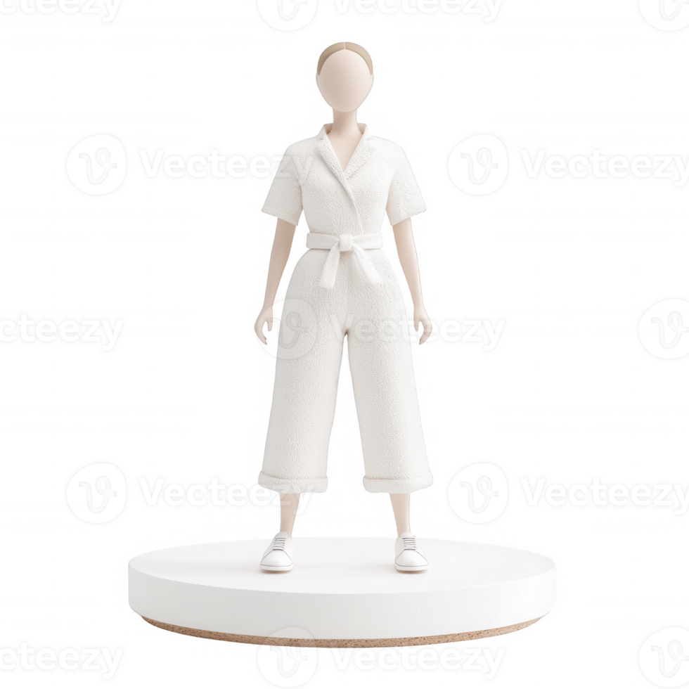 Stylized mannequin dressed in a fashionable white outfit on a minimalistic base. png