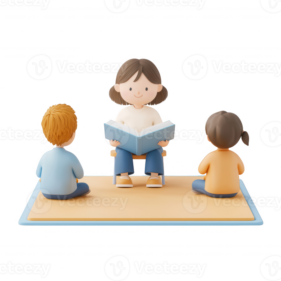 A woman reading to children on a mat, fostering a love for stories and learning. png