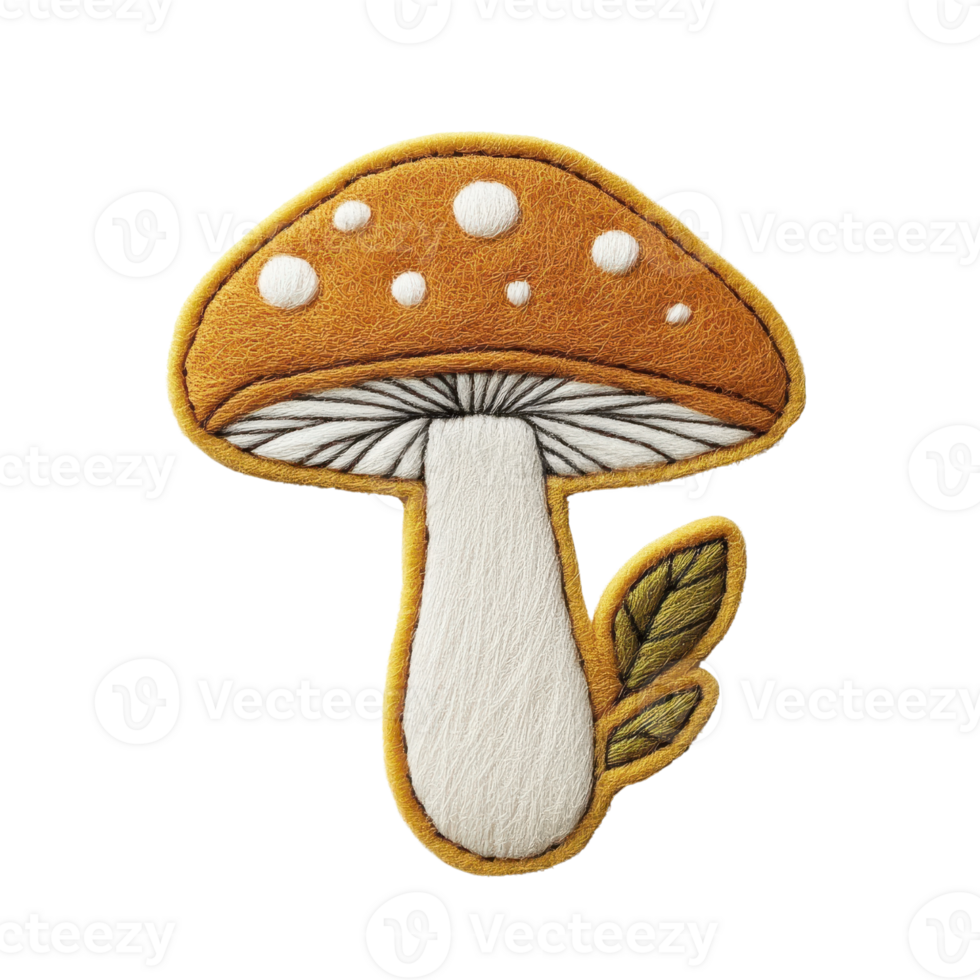 Charming embroidered mushroom patch with orange cap and white spots, perfect for adding a whimsical touch to any fabric. png