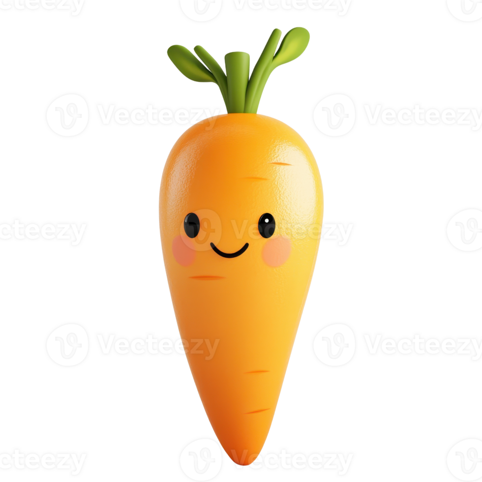 A cute, cartoonish carrot character with a smiling face and vibrant orange color, perfect for children's media and healthy eating themes. png