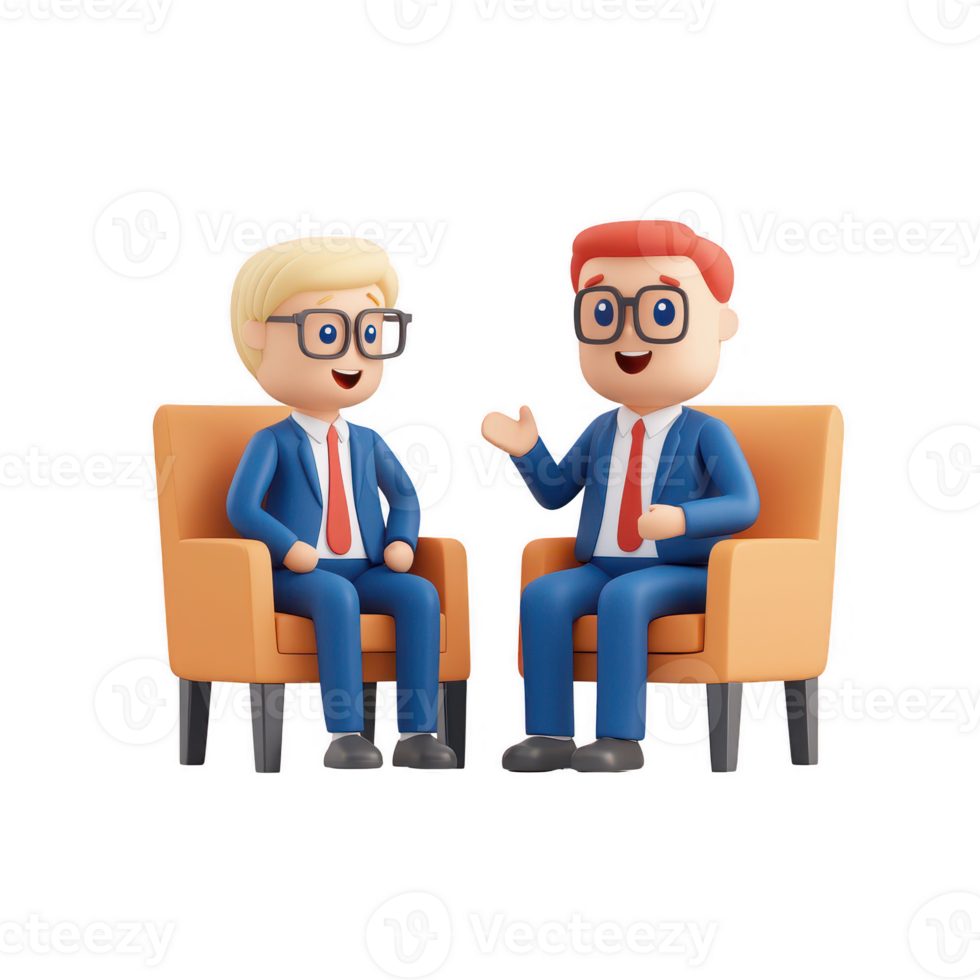 Two animated businessmen engaging in a friendly conversation in a modern setting. png