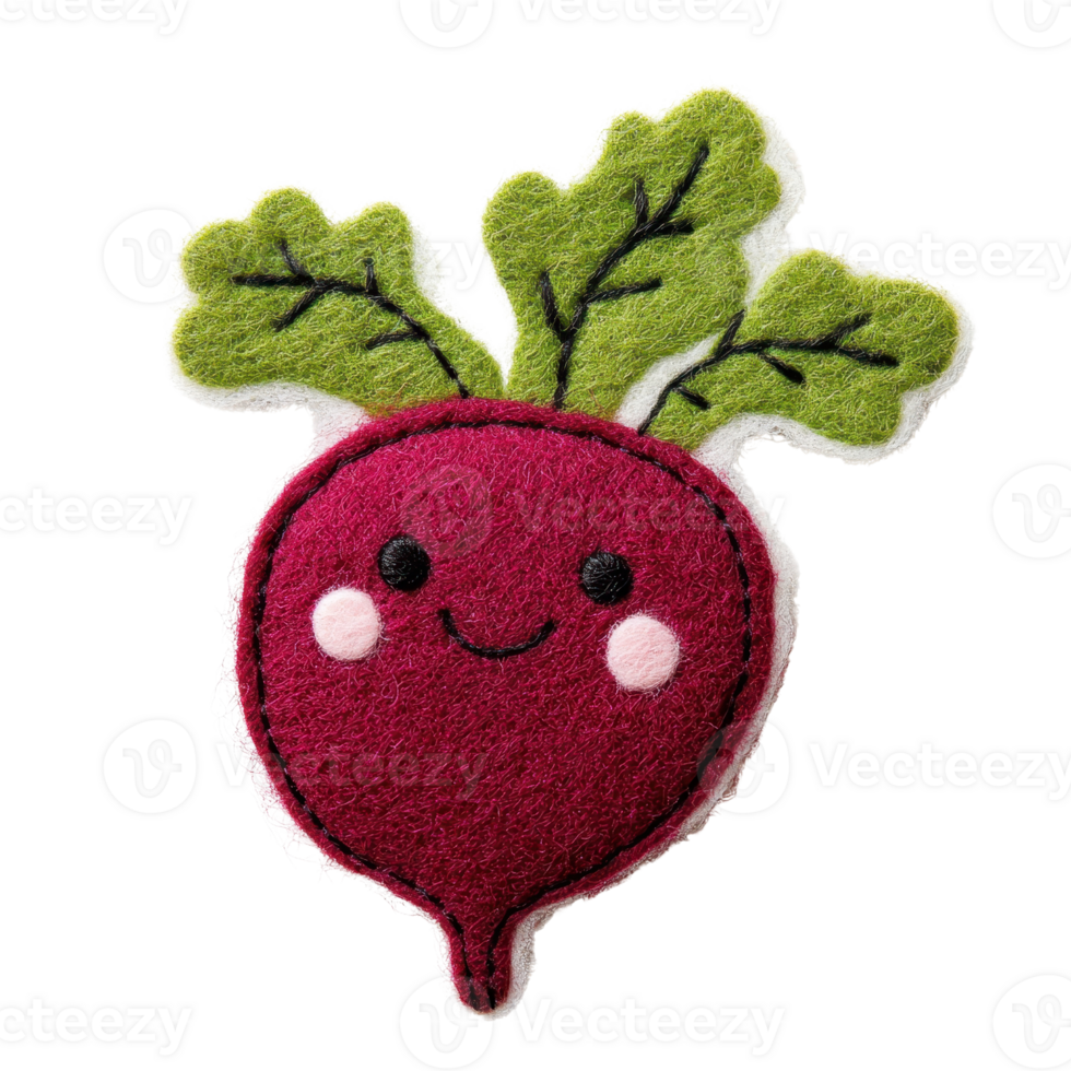 Cute felt radish with a smiling face and green leaves, perfect for whimsical decor or crafting. png
