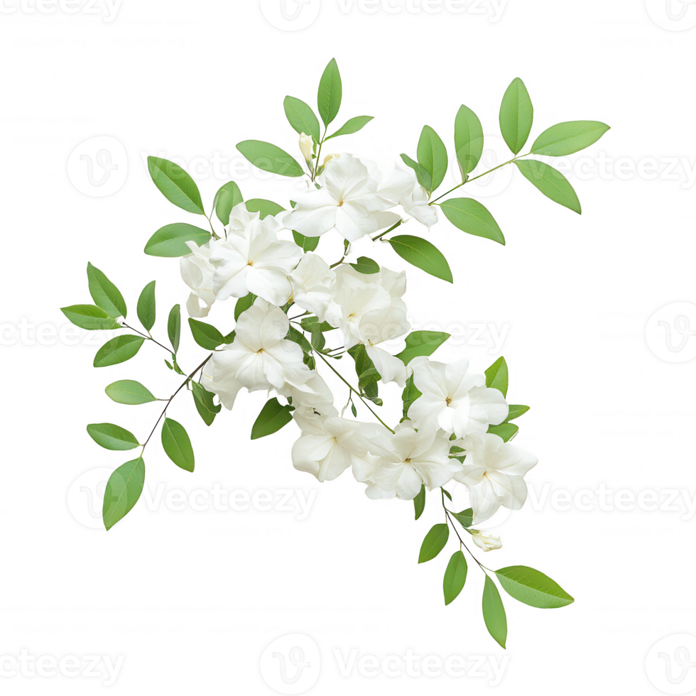 Elegant white flowers with lush green leaves creating a serene botanical composition. png