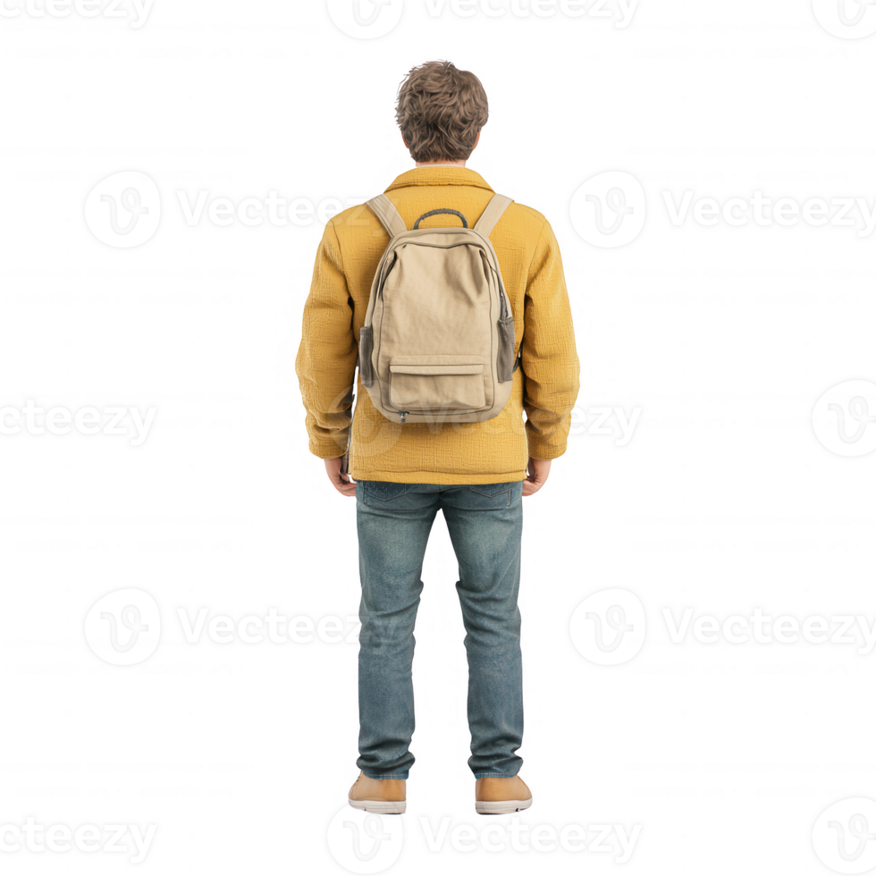 A person wearing a yellow jacket and backpack, seen from behind, ready for adventure. png