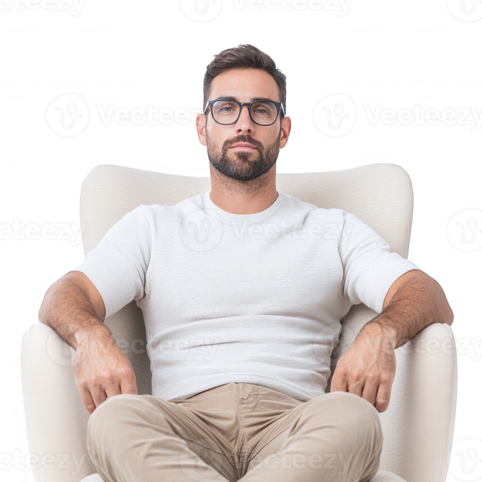 Confident man relaxing in a chair, showcasing casual and modern lifestyle. png
