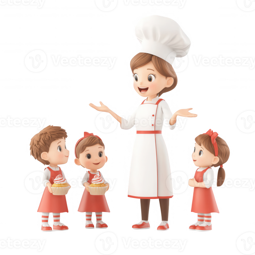 A cheerful chef teaches kids about baking cupcakes with joy and enthusiasm. png