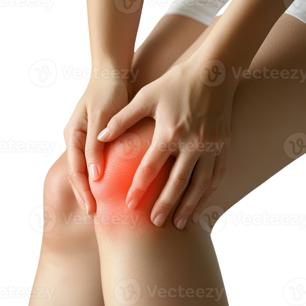 A person holding their knee in discomfort, indicating pain, with a focus on the affected area highlighted in red. png