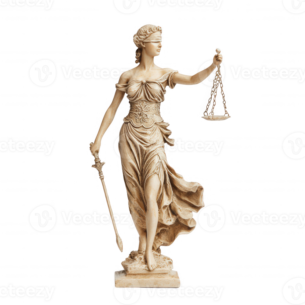 A detailed statue of Lady Justice, representing law and fairness in society. png
