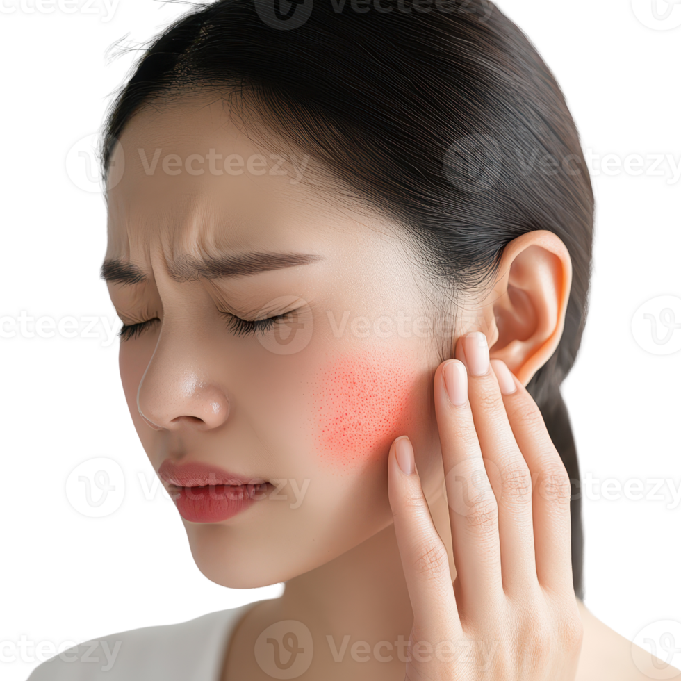A woman with a pained expression touches her cheek, showing signs of redness, possibly indicating skin irritation or a dermatological issue. png