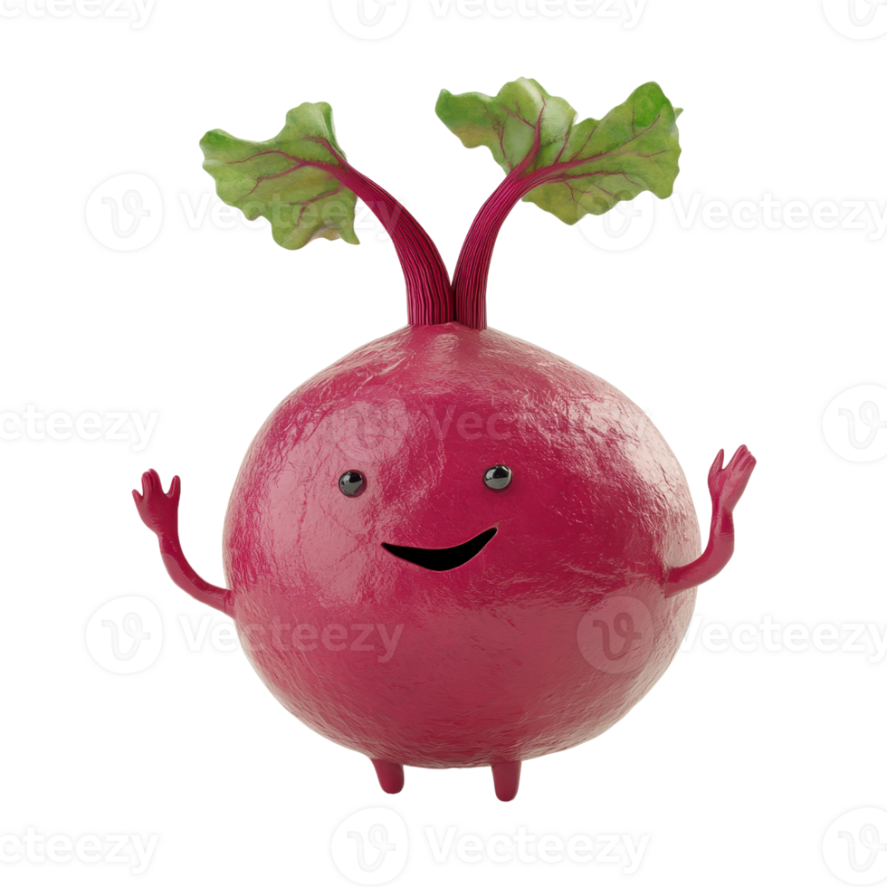 A cheerful and friendly cartoon-style radish character with bright colors and a playful expression, perfect for fun designs. png
