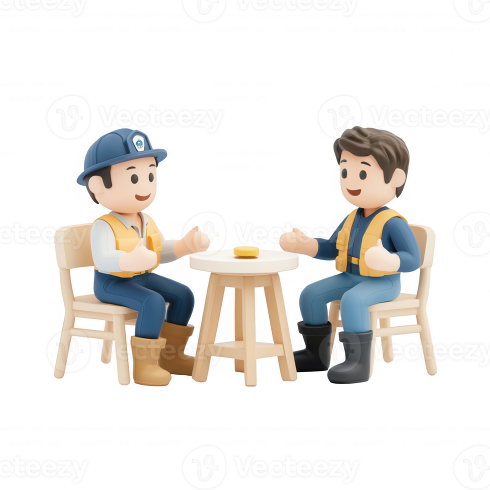 Two cartoon characters having a conversation at a table in a friendly setting. png