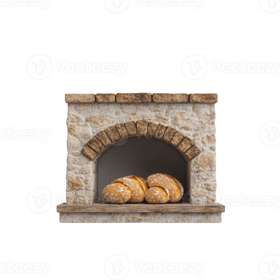 Freshly baked bread resting in a rustic stone oven, inviting and warm. png