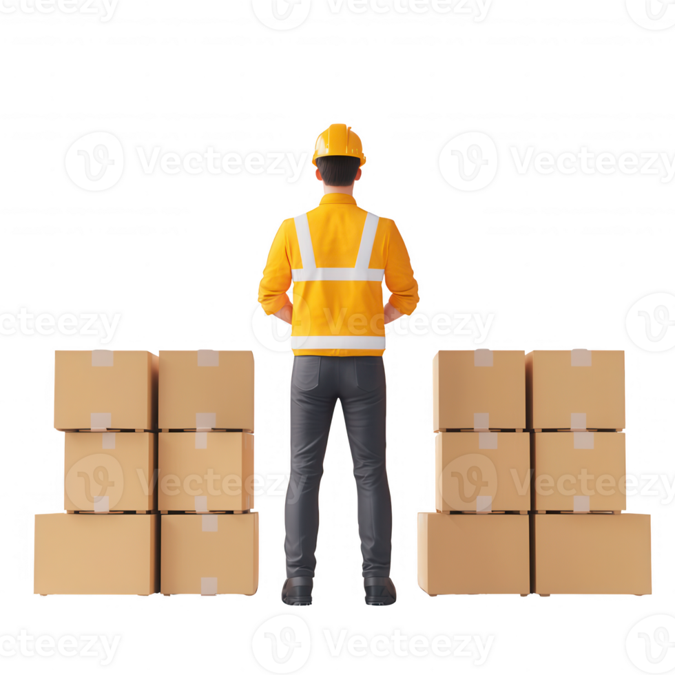 A worker inspects boxes in an industrial warehouse setting. png